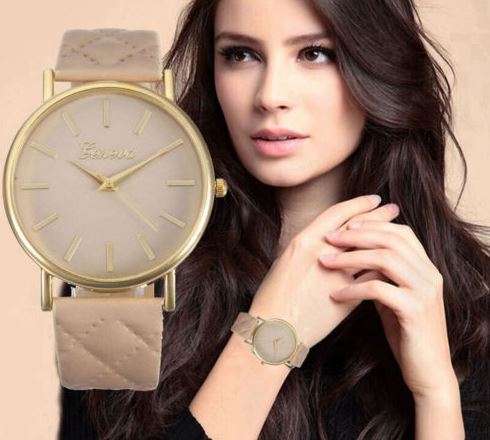 STRIKING ! GENEVA CUPPUCCINO  FACE AND QUILTED FAUX LEATHER ANALOG QUARTZ  WATCH