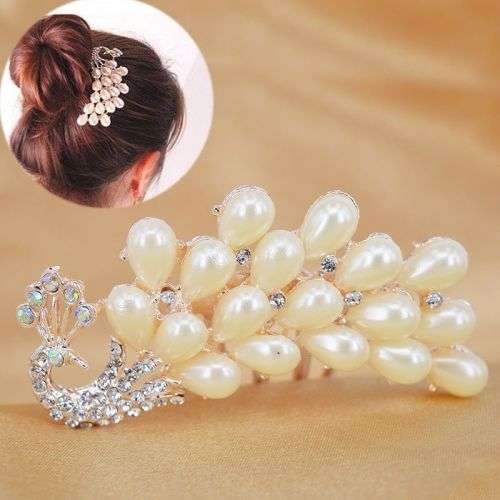 BRIDAL HAIRCOMB - PALE FAUX PEARLS RHINESTONES- HAIR ACCESSORY - BEAUTIFUL PEACOCK