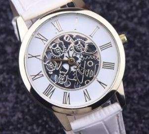 VERY STRIKING!   LADIES SKELETON WATCH WITH WHITE  CROCODILE PU LEATHER STRAP
