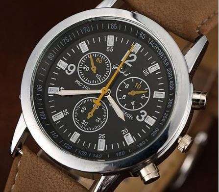 SPORTY YOUNG MAN'S BLACK DIAL QUARTZ WATCH WITH BROWN  SUEDE LEATHER  STRAP