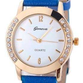 GORGEOUS GENEVA LADIES WATCH WITH BLUE FAUX LEATHER STRAP AND CRYSTAL INLAY SURROUNDING DIAL