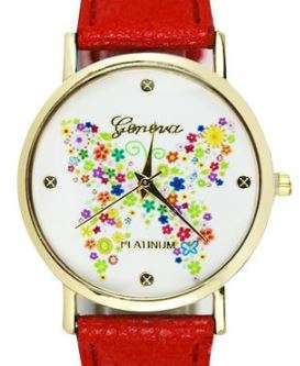 GENEVA PLATINUM COLECTION FLORAL BUTTERFLY  DIAL WRIST WATCH WITH RED PU LEATHER STRAP