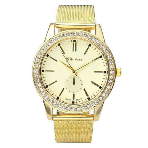 GENEVA STAINLESS STEEL GOILDTONE WATCH WITH CREAM FACE SURROUNDED BY CRYSTALS