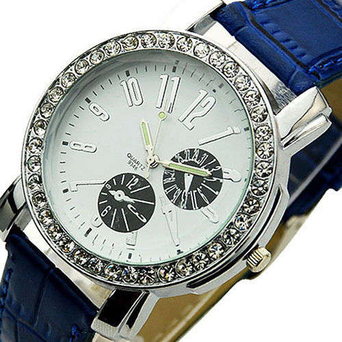 WOMAGE LUXURY DARK BLUE WATCH - CRYSTAL SURROUNDED DIAL - FAUX CROCODILE LEATHER STRAP