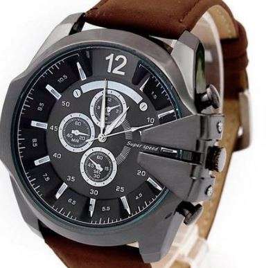 MEN'S MILITARY BLACK DIAL DARK BROWN PU LEATHER BAND V6 ARMY STYLED WRISTWATCH