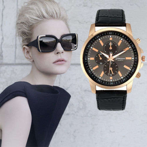 CLASSIC GENEVA BLACK FACED ANALOG QUARTZ WRIST WATCH WITH BLACK FAUX LEATHER STRAP