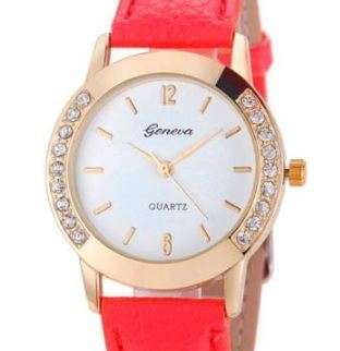 FASHION GENEVA WOMAN'S WATCH WITH RED  FAUX LEATHER STRAP AND CRYSTAL INLAY ON BODY