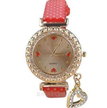 WOMANS RED BRACELET CRYSTAL RHINESTONE DIAL WITH LEATHER BAND QUARTZ ANALOG WRIST WATCH