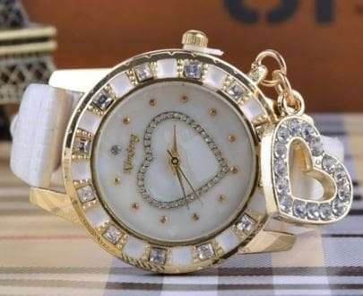 STRIKING!  WHITE  CRYSTAL  HEART  WATCH WITH HEART CHARM  AND WHITEFAUX  LEATHER STRAP