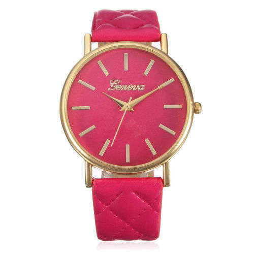 STRIKING AND STUNNING! GENEVA CERISE PINK FACE AND PINK QUILTED FAUX LEATHER ANALOG QUARTZ  WATCH