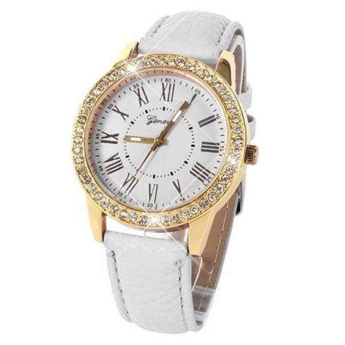 STRIKINGLY BEAUTIFUL WHITE DIAL ROMAN NUMERALS WATCH - SINGLE  ROW OF CRYSTALS SURROUND DIAL