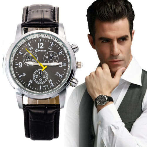 MASCULINE AND STYLISH  -  MEN'S GENEVA DRESS WATCH - BLACK FACE AND STRAP WITH SILVER DETAIL
