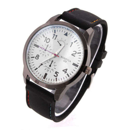 MEN'S WHITE DIAL QUARTZ ANALOG WRISTWATCH WITH FAUX LEATHER STRAP