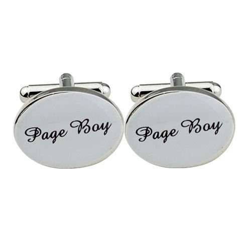 MARKED DOWN!!!   HIGH QUALITY "PAGE BOY" CUFFLINKS IN  BLACK SCROLL ON WHITE SILVER PLATED