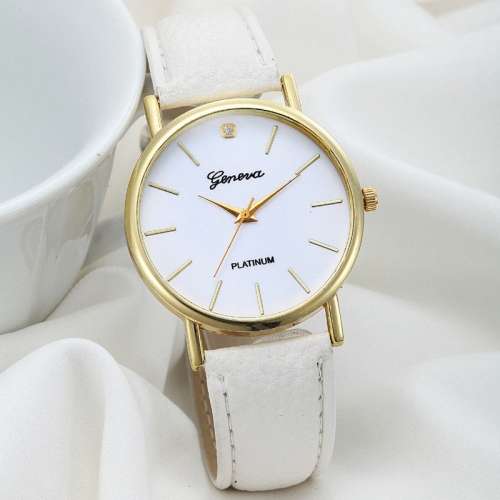 WOMAN GENEVA PLATINUM WHITE FACED ANALOG QUARTZ WRIST WATCH WITH WHITE PU LEATHER STRAP