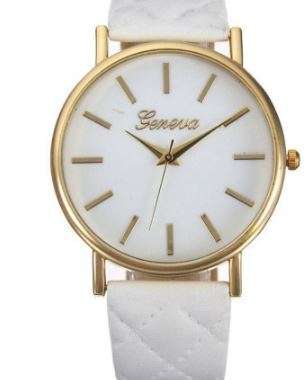 WOMAN GENEVA WHITE FACED ANALOG QUARTZ WRIST WATCH WITH WHITE QUILTED PU LEATHER STRAP