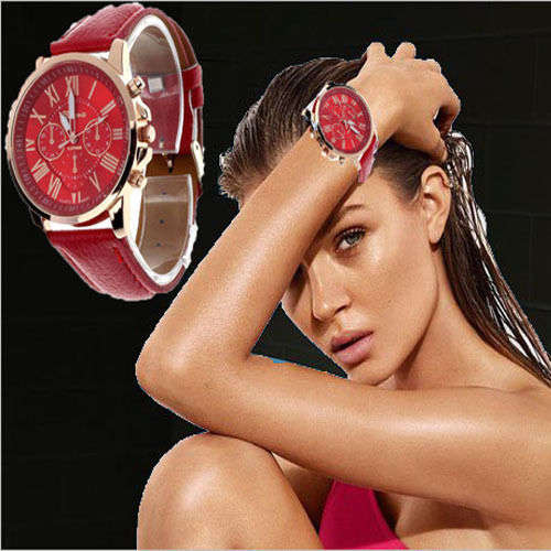RAVENOUS RED GENEVA ROMAN NUMERAL ANALOG QUARTZ  WATCH WITH RED FAUX LEATHER
