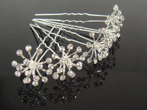 3 x BRIDAL HAIRPINS - HAIR ACCESSORY - WHITE MULTI-STARRY FLOWER WITH CRYSTALS - ATTACH VEIL