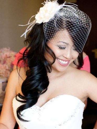 WHITE CLIP IN BRIDAL CAGE VEIL WITH 2 x LARGE MAGNOLIA FLOWER AND WISPS OF FEATHERS (CLIP ATTACHED)