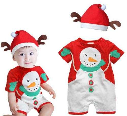 "OH CUTE"  XMAS CHRISTMAS  SNOWMAN ONSIE / OUTFIT - SHORT SLEEVE ONSIE WITH CAP 0 - 6 MONTHS