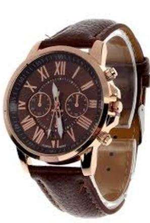 CHARMING BROWN FACE GENEVA ROMAN NUMERAL QUARTZ  WATCH WITH FAUX LEATHER STRAP