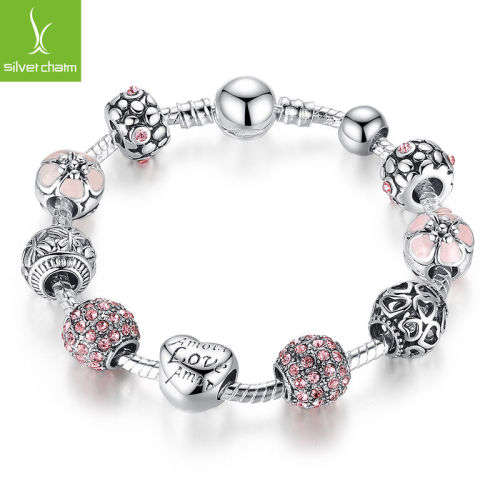 PERFECT GIFT  -  DOUBLE 925 STERLING SILVER PLATED  IMPORTED EUROPEAN CHARM BRACELET WITH CRYSTALS