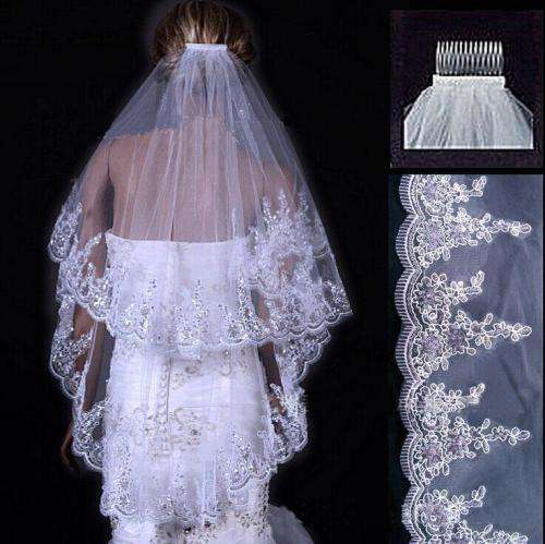 SUBLIME!!  2 TIER WHITE WEDDING BRIDAL VEIL WITH COMB  - WIDE SEQUINS BORDER/EDGING