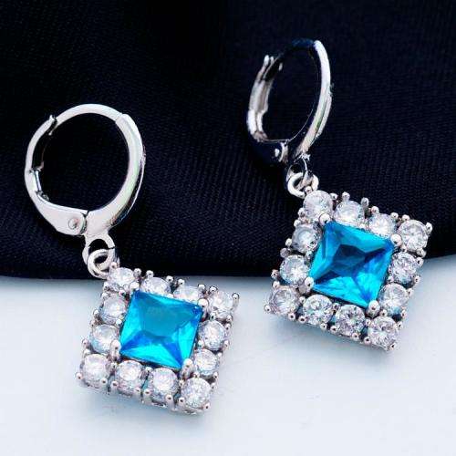 SQUARE CUT BLUE  AND WHITE TOPAZ CZ CLUSTER EARRINGS  - SILVER  PLATED