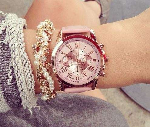 GENEVA PINK DIAL WATCH WITH ROMAN NUMERALS PRETTY PINK FAUX LEATHER STRAP