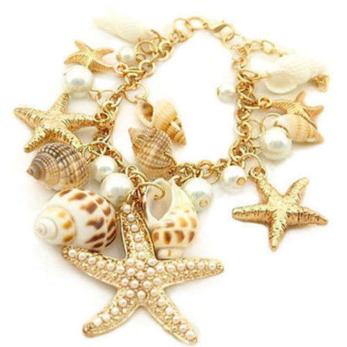 BEACH WEDDING - BRIDAL BRACELET  WITH ASSORTED SHELLS AND GOLD TONE CHAIN AND STARFISH