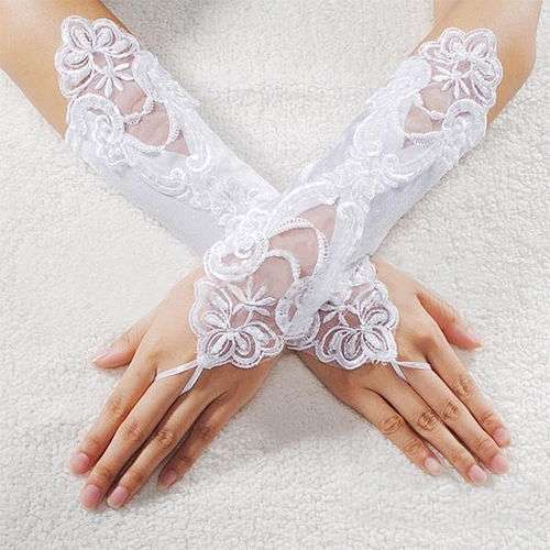 WEDDING / BRIDAL ELBOW LENGTH WHITE SATIN AND PEARL FINGERLESS GLOVES BEAUTIFULLY EMBROIDERED
