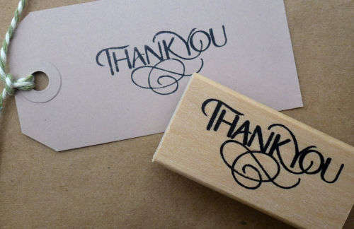 FANCY VINTAGE SCRIPT "THANK YOU"  STAMP MADE FROM NATURAL WOOD AND RUBBER - RECTANGULAR SEE PICTURE