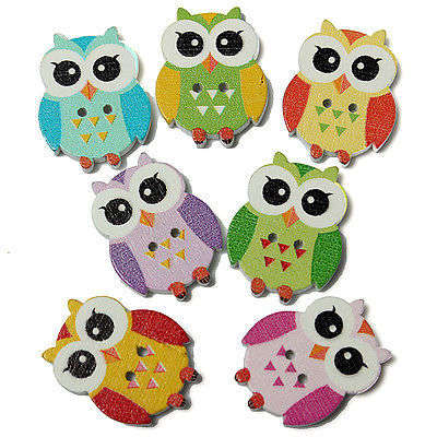 13PCS SET OF HIGH QUALITY COLOURFUL WOODEN OWL BUTTONS 2 HOLES  - CAN ALSO BE USED AS FLATBACK