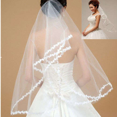 WHITE ELBOW LENGTH WEDDING BRIDE'S VEIL  WITH SMALL FLORAL APPLIQUE EDGING - NO COMB