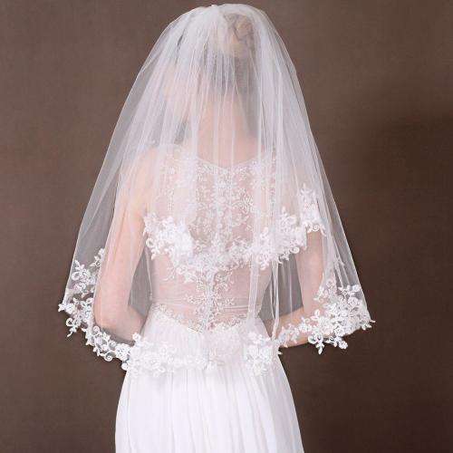ROMANTIC AND PRETTY 2 TIER  WHITE WEDDING BRIDAL VEIL  - LACE EDGING