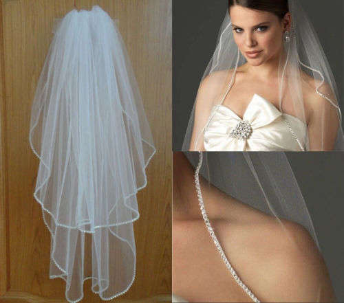 RARE FIND!  1 TIER WHITE ELBOW LENGTH WEDDING BRIDAL VEIL WITH COMB  - CRYSTAL EDGING