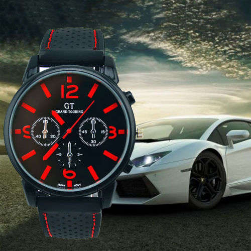 MEN'S GT SERIES QUARTZ STAINLESS STEEL ANALOG SPORTS WRISTWATCH BLACK FACE RED NUMERALS