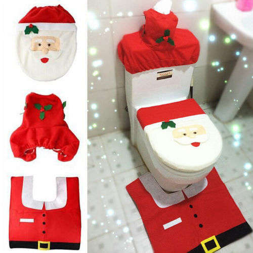 HAPPY SANTA XMAS CHRISTMAS BATHROOM SET XMAS DECOR - SEAT COVER, MAT, PAPER AND CISTERN COVER