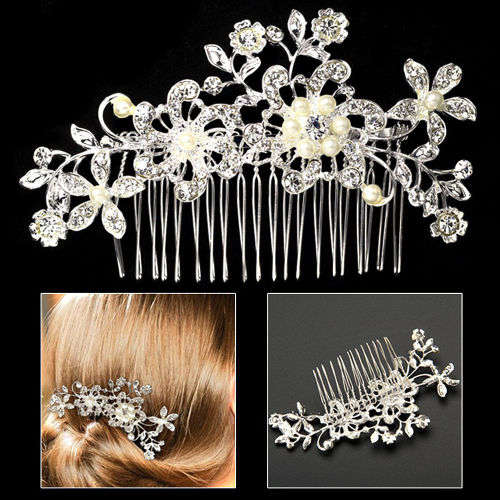 WEDDING BRIDAL HAIR COMB/SLIDE - WHITE FAUX PEARLS AND CRYSTAL - METAL - BEAUTIFULLY CRAFTED