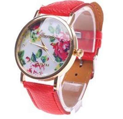 GENEVA PLATINUM COLLECTION  WOMANS QUARTZ ANALOG WATCH WITH ROSE DIAL AND RED PU LEATHER STRAP
