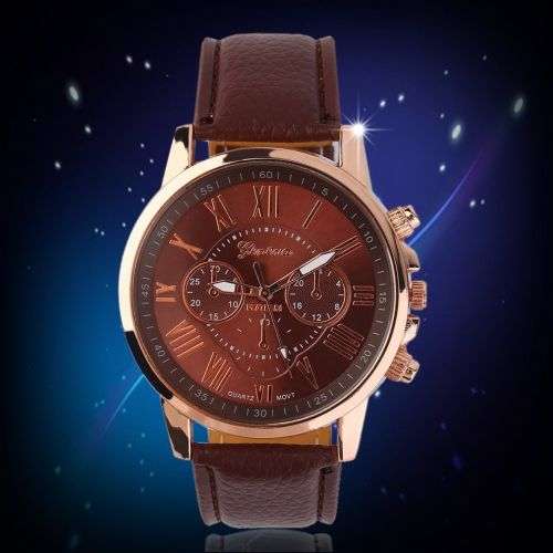 GENEVA DARK BROWN DIAL WATCH WITH ROMAN NUMERALS, CRYSTAL SURROUND AND FAUX LEATHER STRAP
