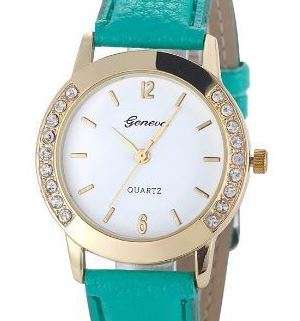 HOT!!! GENEVA WOMEN'S CRYSTAL ANALOG  QUARTZ DRESS WATCH WITH MINT GREEN  FAUX LEATHER STRAP