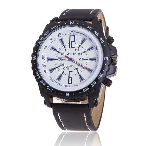 WEITE MEN'S LUXURY ELEGANT ANALOG QUARTZ  SPORTS FAUX LEATHER BLACK STRAP