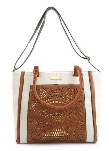 STUNNING TAN & WHITE CUT OUT AND COLOURBLOCK LARGE SHOPPER HANDBAG MATCHING PURSE AVAILABLE