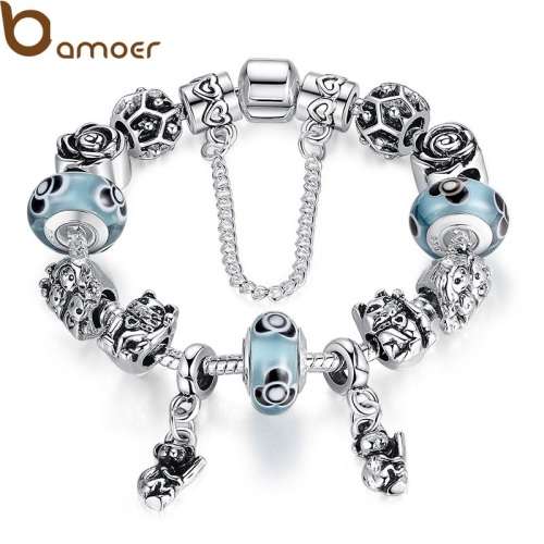 GIFT BOXED  - BAMOER  DOUBLE 925 STERLING SILVER PLATED IMPORTED EUROPEAN CHARM BRACELET