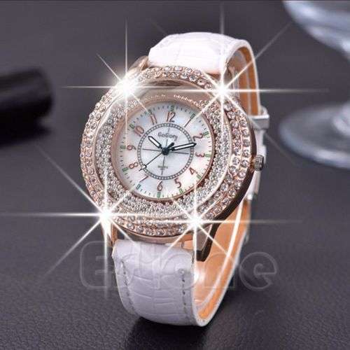 GO-GOEY WHITE 2 ROW CRYSTAL AND MOTION CRYSTALS WOMAN'S ANALOG QUARTZ FAUX WHITE LEATHER BAND WATCH