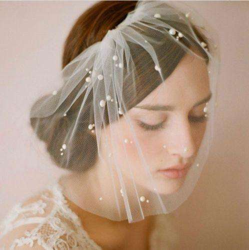 GORGEOUS PURE WHITE - BLUSHER VEIL BRIDAL VEIL WITH COMB -  FAUX PEARL DETAIL