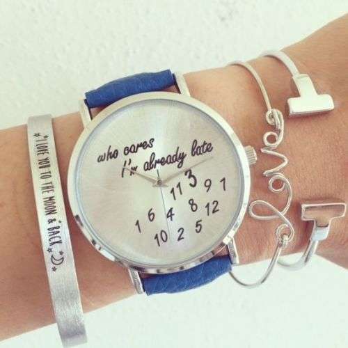 MAKE A STATEMENT WITH THIS HUMOURUS WRIST WATCH "Who Cares I'm Already Late" BLUE
