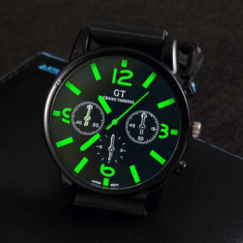 MEN'S GT SERIES QUARTZ STAINLESS STEEL ANALOG SPORTS WRISTWATCH BLACK FACE GREEN NUMERALS