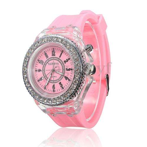 NEW!!  GENEVA LUMINOUS WOMANS PINK  WITH A  MULTI COLOUR FLASHING BACK LIGHT  WITH SILICONE STRAP